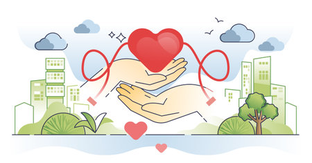 Blood drive donation campaign to save lives with transfusion outline concept. Rhesus positive or negative blood type deposit for hospital needs vector illustration. Volunteer donor with medical help.のイラスト素材