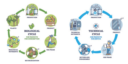 Cradle to cradle as sustainable and environmental life cycle outline diagram. Labeled educational scheme with manufacturing and production system for recycling or material reusage vector illustrationのイラスト素材