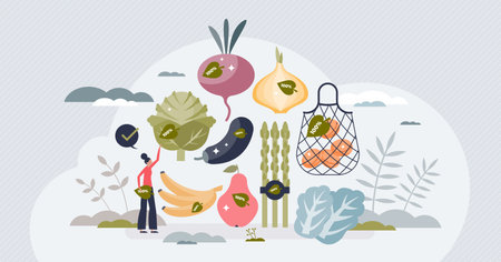 Organic food eating and ecological groceries shopping tiny person concept. Natural bio vegetables and fruits consumption for healthy meals vector illustration. Seasonal biological nutrition diet.のイラスト素材