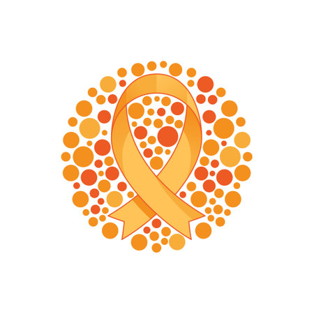 Multiple sclerosis awareness as orange ribbon health symbol outline concept. Medical disease care and medical or social support with solidarity sign vector illustration. Illness struggle help emblem.のイラスト素材