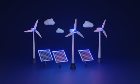 Renewable energy with solar panels or wind turbine 3D illustration concept. Nature friendly and sustainable electricity production. Alternative green power with sun collector. Ecological resources.の写真素材