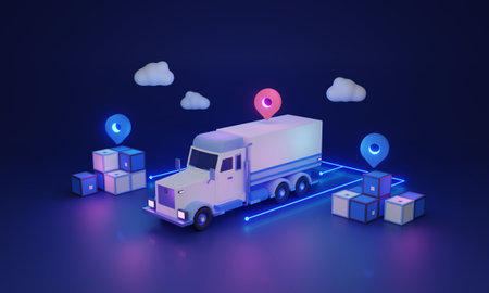 Cargo transportation and export using heavy truck 3D illustration concept. Boxes shipping as order delivery service with GPS tracking option. Parcel distribution business and road transit operator.の写真素材