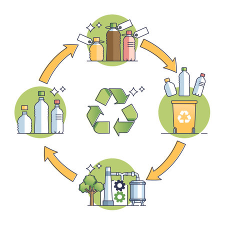 Closed loop production system with plastic bottles recycling outline diagram. Educational scheme with ecological and sustainable method for manufacturing vector illustration. Save resources and reuseのイラスト素材