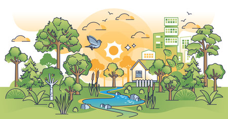 Natural capital in sustainable green city development scene outline concept. Ecological and environmental town with lush vegetation and housing vector illustration. Beauty area for future lifestyle.のイラスト素材