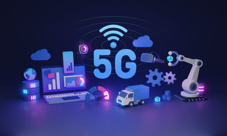5G connectivity with high speed internet for IOT tech 3D illustration concept. Fast optical signal for data streaming, download or upload. Mobile phone cellular service antenna with wireless coverageの写真素材
