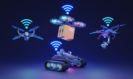 Autonomous robotics and machines for transportation 3D illustration concept. Parcel shipping with...