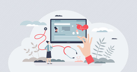 Electronic health records with patient medical history tiny person concept. Healthcare software with digital prescriptions, xray or emr results and diagnostics vector illustration. Ehealth solutions.のイラスト素材