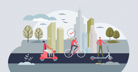 Micromobility as sustainable urban transportation type tiny person concept. Healthy and active transport sharing method with bicycle or electric scooter vector illustration. Fast and effective devicesのイラスト素材