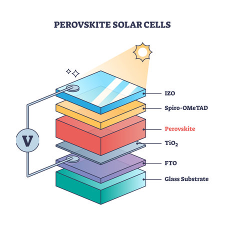 Perovskite solar cells as sustainable sunlight panel material outline diagram. Labeled educational technical structure with alternative energy cell construction layers description vector illustrationのイラスト素材