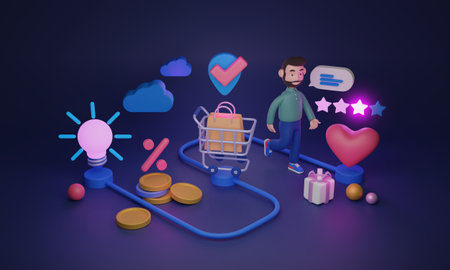 Customer journey map with idea, purchase and feedback stages 3D illustration. Buyer shopping process with marketing steps from consideration to sale and satisfaction rating in three dimensional schemeの写真素材