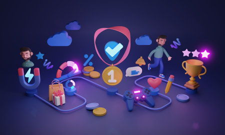 Gamified loyalty program with participant personalized rewards 3D illustration. Marketing engagement strategy with benefits and prizes for user motivation. Get points and gifts for playing competitionの写真素材