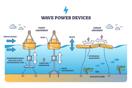 Wave power devices for alternative electricity production outline diagram. Labeled educational scheme with ocean tidal linear absorber and point absorbers mechanical principle vector illustration.のイラスト素材