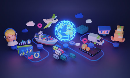 Supply chain management or SCM with cargo logistics process 3D illustration. Business with goods distribution, shipping and export planning. Warehouse and supplier inventory control for freight tradeの写真素材