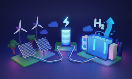 Hydrogen energy and H2 source electricity power production 3D illustration. Sustainable and environmental generator type for alternative off grid and nature friendly solution. Blue battery station.の写真素材