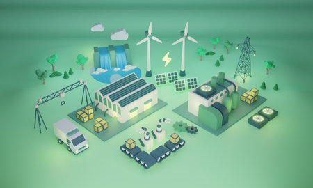 Green factory with nature friendly or sustainable power usage 3D illustration. Modern 5th generation production facility with alternative electricity and ecological resources consumption strategy.の写真素材