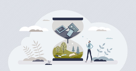 Digital detox and escape from technology to nature tiny person concept. Exit cyberspace to outdoor relaxation and disconnect from gadgets vector illustration. Turn off smartphone and enjoy forest.のイラスト素材