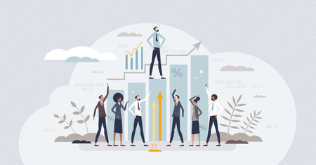 Achievements in business and finance for money profit tiny person concept. Successful money earning with effective sales work vector illustration. Company leader with professional progress and goals.のイラスト素材