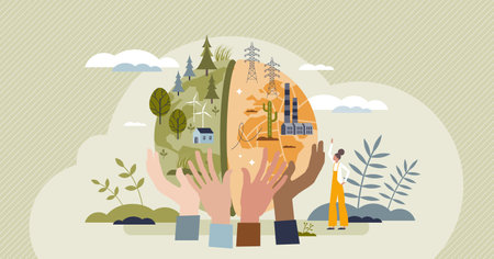 Climate change action to save earth and nature future tiny person concept. Environmental movement and social demonstration campaign for sustainable conservation government policy vector illustration.のイラスト素材