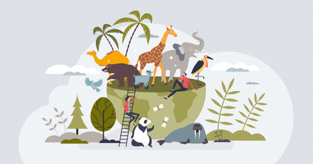 Animals of the world with global biodiversity protection tiny person concept. Planet with exotic fauna and environmental wildlife vector illustration. Eco life exploration and mammal protection.のイラスト素材