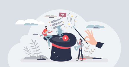 Content making for marketing influencers and online blogs tiny person concept. Podcast in social media or websites as creative editor work vector illustration. Write or make video for internet projectのイラスト素材