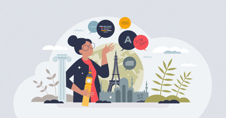 Language learning through immersion, effective education tiny person concept. Foreign language speaking, writing and understanding vector illustration. Study while traveling for bilingual knowledge.のイラスト素材