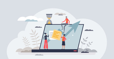 Project management with effective work organization tiny person concept. Business development and growth with company improvement plan vector illustration. Collaboration and teamwork control process.のイラスト素材