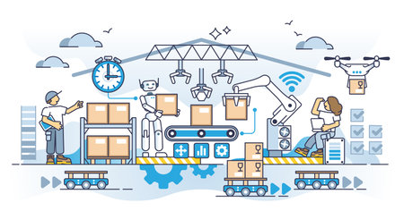 Warehouse automation with effective and precise technology outline concept. Machine robots for low lost efficiency and fast inventory management vector illustration. Storehouse shelf work automation.のイラスト素材