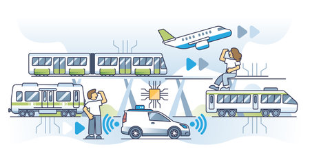 Tech driven transportation with sensory assistance technology outline concept. Modern innovation for public transport, vehicles or aviation vector illustration. Autonomous traffic sensor installationのイラスト素材
