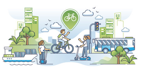 Sustainable urban mobility as micromobility transportation outline concept. Fast, green and effective city transport for environmental lifestyle vector illustration. Modern CO2 clean transport type.のイラスト素材