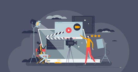 Video production and movie record process in studio tiny person concept. Professional media director and editor for screen entertainment vector illustration. Motion picture filming for cinema projectのイラスト素材