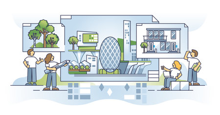 Urban planning and sustainable downtown architecture project outline concept. Modern housing design with green and environmental residential area vector illustration. Developer plan representation.のイラスト素材