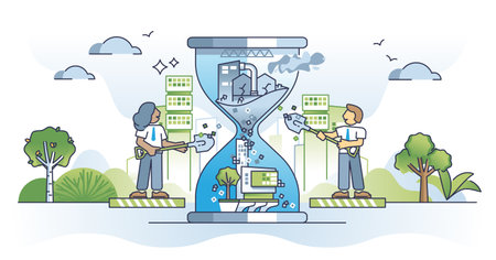 Navigating change management and business evolution outline concept. Sustainable and environmental strategy for company transformation vector illustration. Nature friendly development and transition.のイラスト素材