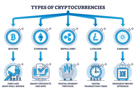 Types of cryptocurrencies and digital finance system benefits outline diagram. Labeled educational comparison scheme with various crypto money advantages, pros and differences vector illustration.のイラスト素材