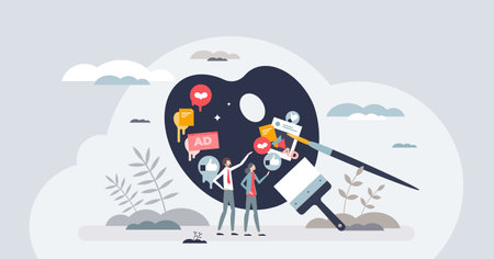 Crafting perfect marketing playbook for company strategy tiny peron concept. Planning promotions, ads and social media content for effective brand recognition and business style vector illustration.のイラスト素材