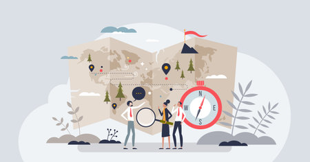 Navigating the project management odyssey and business tiny person concept. Journey with obstacles, challenges and difficulties to reach company targets and reach top objectives vector illustration.のイラスト素材