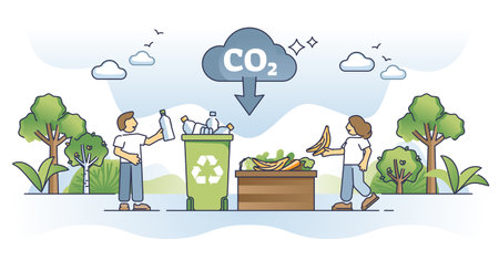 Recycling our responsibility to reduce plastic and garbage outline concept. Recycle bottles in container and food leftover in compost vector illustration. Save nature and dispose biodegradable trash.のイラスト素材