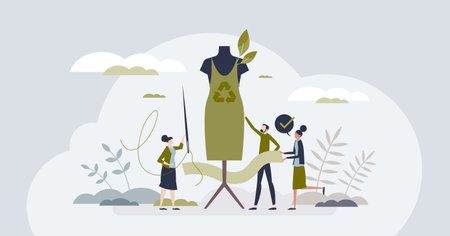 Sustainable fashion and clothe with recyclable materials tiny person concept. Ecological and organic textile with long consumption life to avoid trend waste vector illustration. Reusable cotton usageのイラスト素材