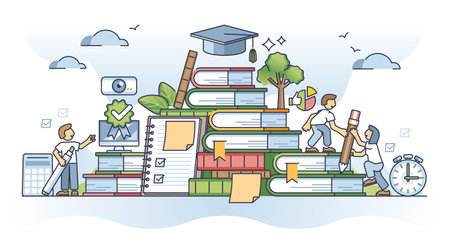 Continuous learning and skill upgradation with academic study outline concept. Upgrade your knowledge lifelong with book reading or courses vector illustration. Cognition process for self developmentのイラスト素材