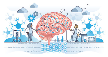 Neuroscience as science about brain neurons medical process outline concept. Anatomical research with neural system, memory synapses and cognitive impulse vector illustration. Healthcare for patient.のイラスト素材