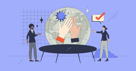 Global business etiquette and social behavior retro tiny person concept. Diverse business partners for international market partnership vector illustration. Corporate relationship and interaction.のイラスト素材