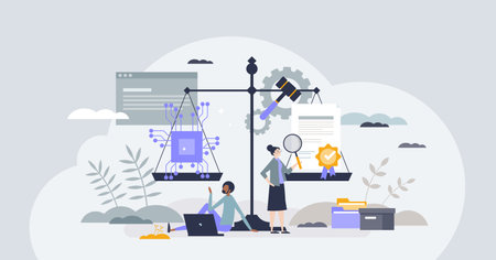 Legal AI and artificial intelligence for justice system tiny person concept. Use technology for effective courthouse work automation vector illustration. Law and crime research with tech research.のイラスト素材