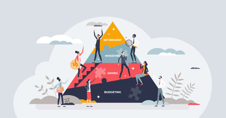 Financial planning with budgeting, saving, investing and retirement levels on labeled pyramid tiny person concept. Personal finance strategy vector illustration. Wealth assets effective management.のイラスト素材