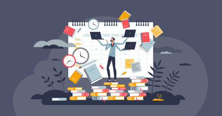 Overemployment and struggle about busy time schedule tiny person concept. Overworked workaholic with stressful multitasking vector illustration. Unhealthy balance with heavy workload and burnout.のイラスト素材