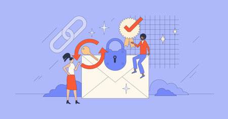 Digital security as privacy with information safety retro tiny person concept. Text encryption with internet firewall or password protected messages vector illustration. Safe IT identity protection.のイラスト素材