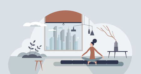 Minimalist living in home with simple and clean design tiny person concept. Calm lifestyle with idyllic mindfulness practice, yoga and meditation in modern and trendy apartment vector illustration.のイラスト素材