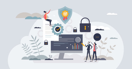 Digital security and business information protection tiny person concept. Web safety with antivirus, firewall, encryption system and safe file access vector illustration. Personal identity data lock.のイラスト素材