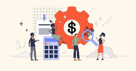 Financial analysis and planning for company profit retro tiny person concept. Market calculation with investment margin, expenses or company revenue vector illustration. Money optimization analytics.のイラスト素材