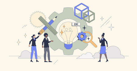 Innovation and development with creative project retro tiny person concept. Find effective solution with innovative improvement vector illustration. Smart engineering teamwork for successful project.のイラスト素材