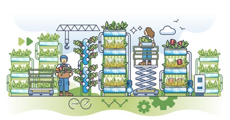 Vertical farming as agriculture using smart irrigation system outline concept. Green and sustainable food growth using hydroponic stands vector illustration. Greenhouse with futuristic production.のイラスト素材