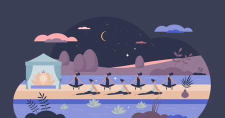 Twilight tranquility session with yoga or meditation tiny person concept. Group retreat in night for mental health, body harmony and spiritual wellness vector illustration. Mindfulness practice classのイラスト素材